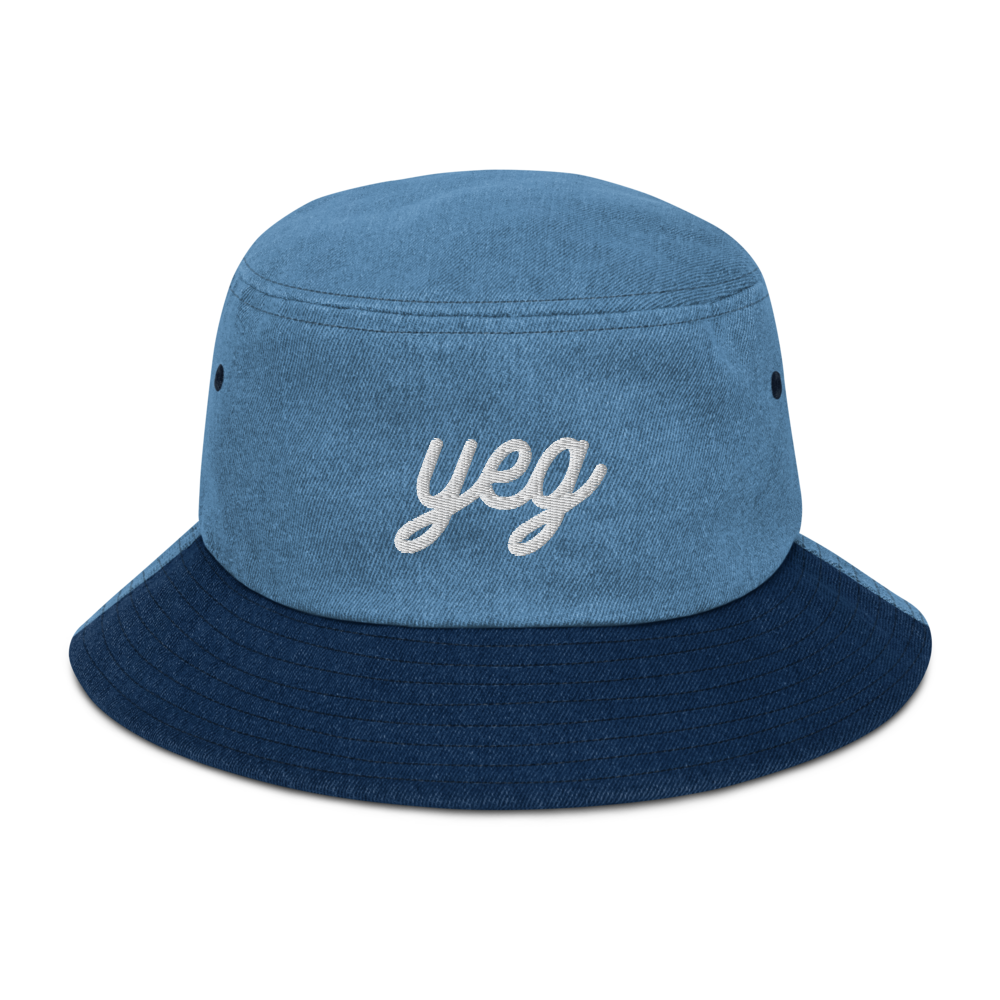 YHM Designs - YEG Edmonton Airport Code Denim Bucket Hat - Vintage Script Design - White Embroidery - Image 12