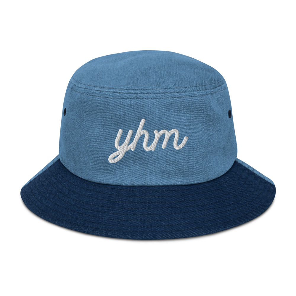 YHM Designs - YHM Hamilton Airport Code Denim Bucket Hat - Vintage Script Design - White Embroidery - Image 12