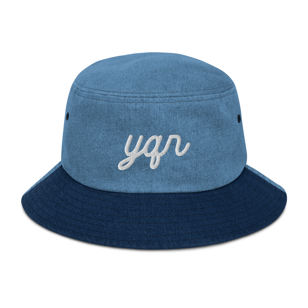YHM Designs - YQR Regina Airport Code Denim Bucket Hat - Vintage Script Design - White Embroidery - Image 12
