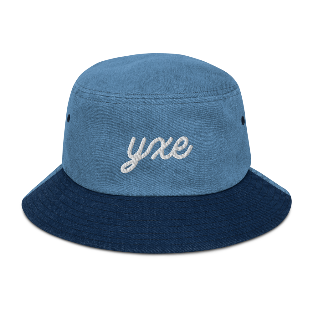 YHM Designs - YXE Saskatoon Airport Code Denim Bucket Hat - Vintage Script Design - White Embroidery - Image 12