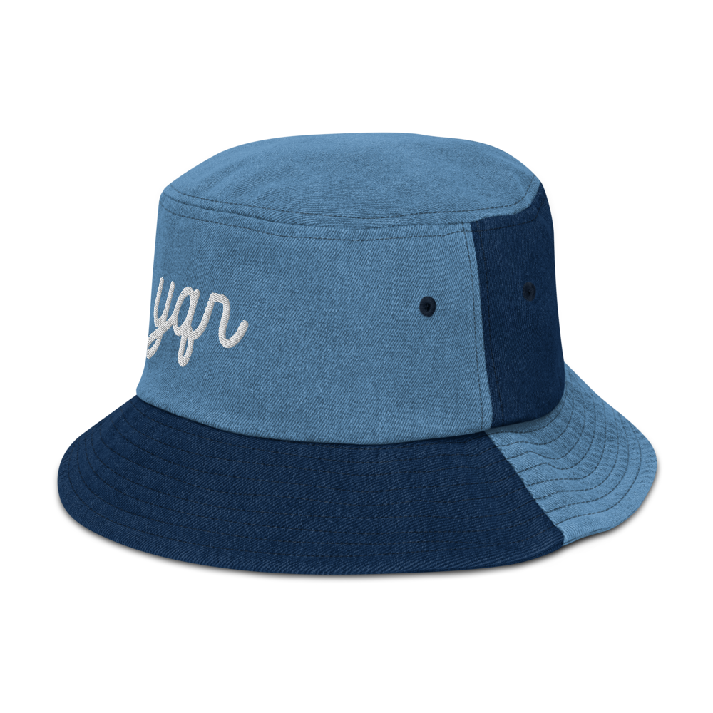 YHM Designs - YQR Regina Airport Code Denim Bucket Hat - Vintage Script Design - White Embroidery - Image 15