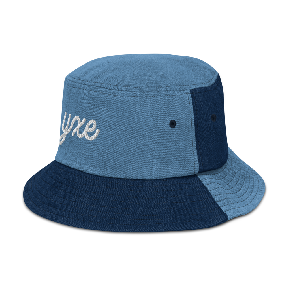 YHM Designs - YXE Saskatoon Airport Code Denim Bucket Hat - Vintage Script Design - White Embroidery - Image 15