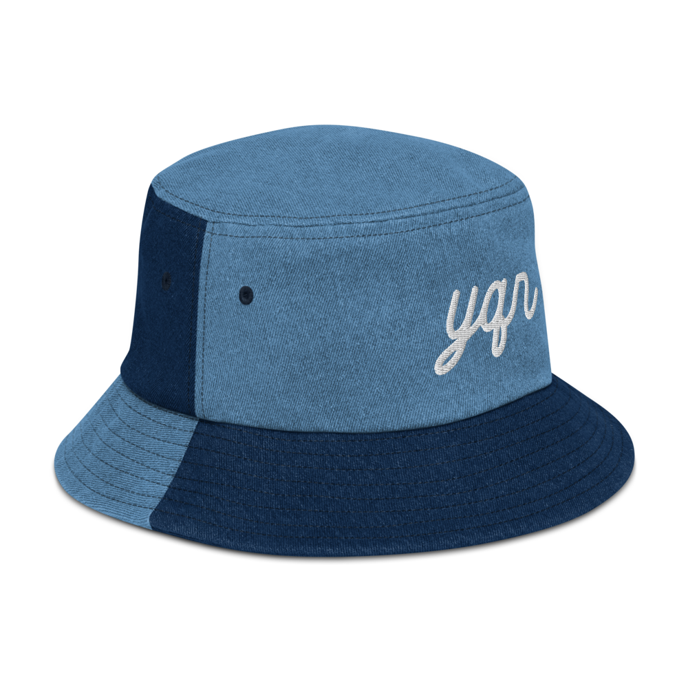 YHM Designs - YQR Regina Airport Code Denim Bucket Hat - Vintage Script Design - White Embroidery - Image 14