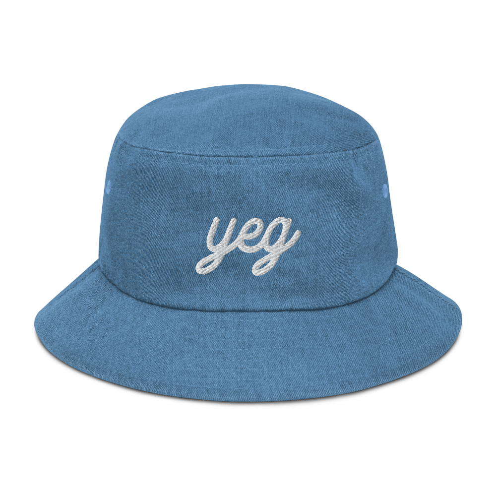 YHM Designs - YEG Edmonton Airport Code Denim Bucket Hat - Vintage Script Design - White Embroidery - Image 16