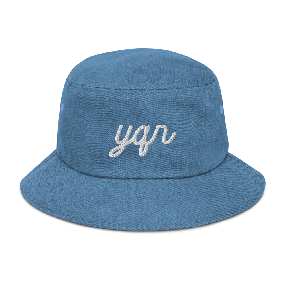 YHM Designs - YQR Regina Airport Code Denim Bucket Hat - Vintage Script Design - White Embroidery - Image 16