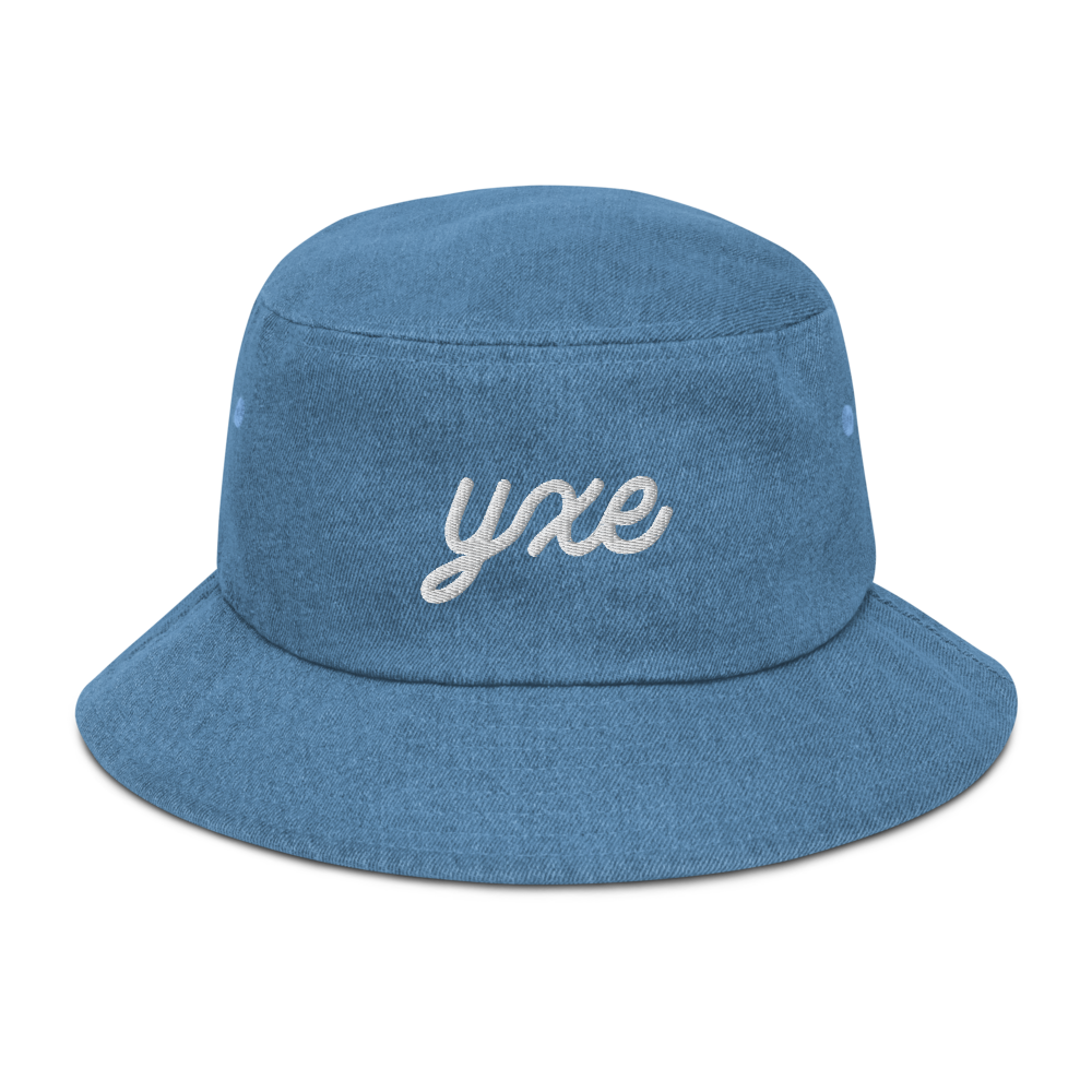 YHM Designs - YXE Saskatoon Airport Code Denim Bucket Hat - Vintage Script Design - White Embroidery - Image 16