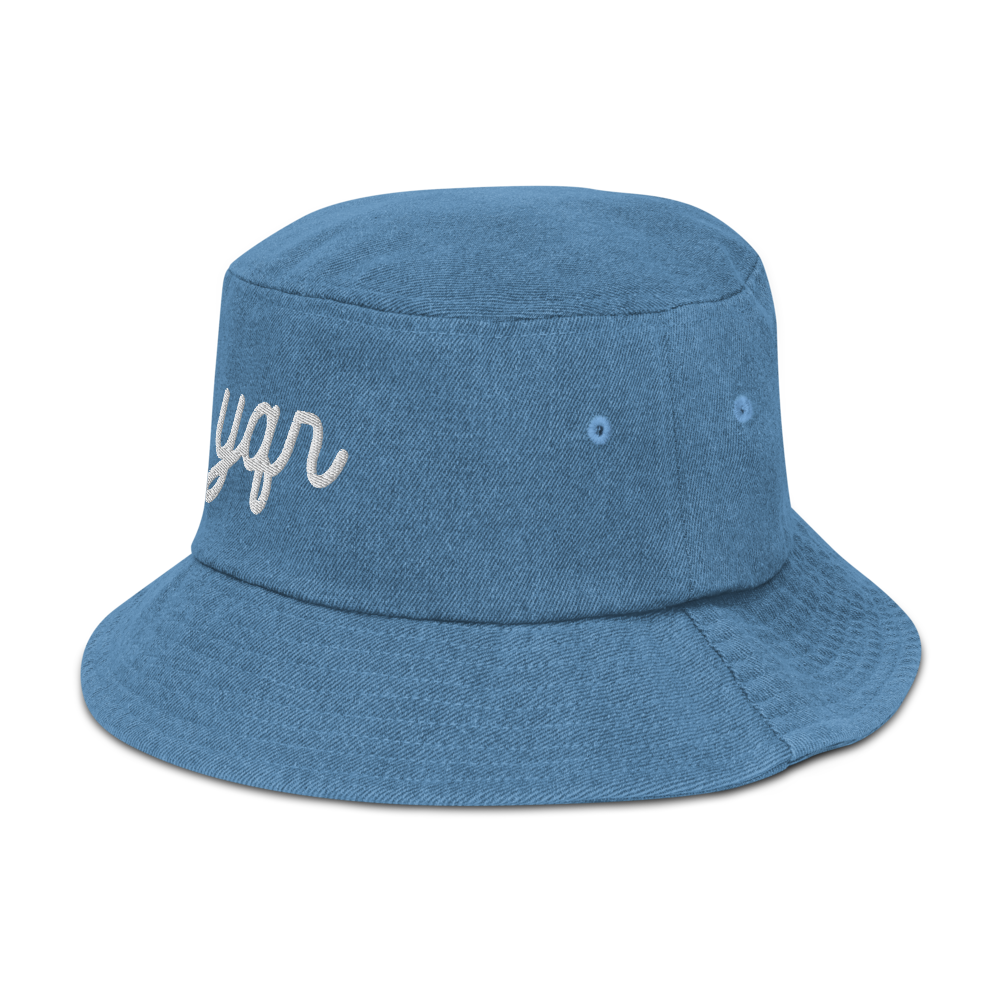 YHM Designs - YQR Regina Airport Code Denim Bucket Hat - Vintage Script Design - White Embroidery - Image 19