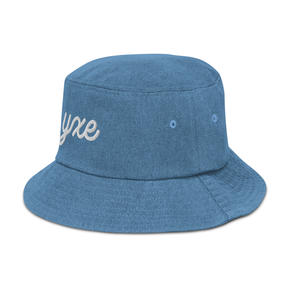 YHM Designs - YXE Saskatoon Airport Code Denim Bucket Hat - Vintage Script Design - White Embroidery - Image 19