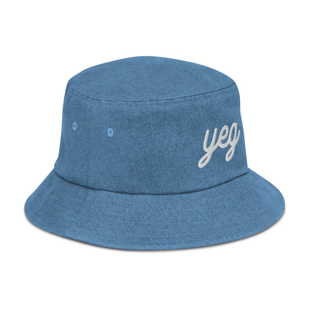 YHM Designs - YEG Edmonton Airport Code Denim Bucket Hat - Vintage Script Design - White Embroidery - Image 18