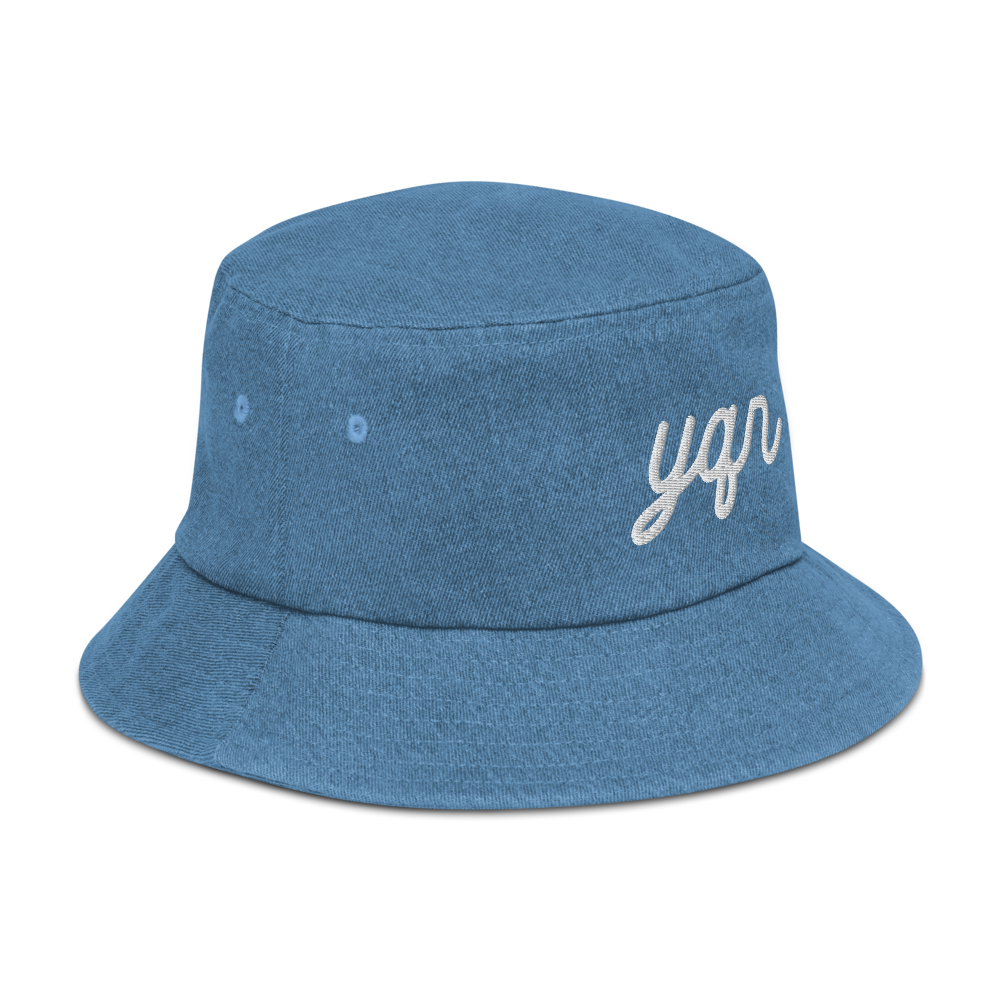 YHM Designs - YQR Regina Airport Code Denim Bucket Hat - Vintage Script Design - White Embroidery - Image 18