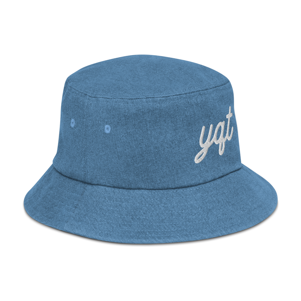 Vintage Script Denim Bucket Hat YQT Thunder Bay YHM Designs Classic Light Denim