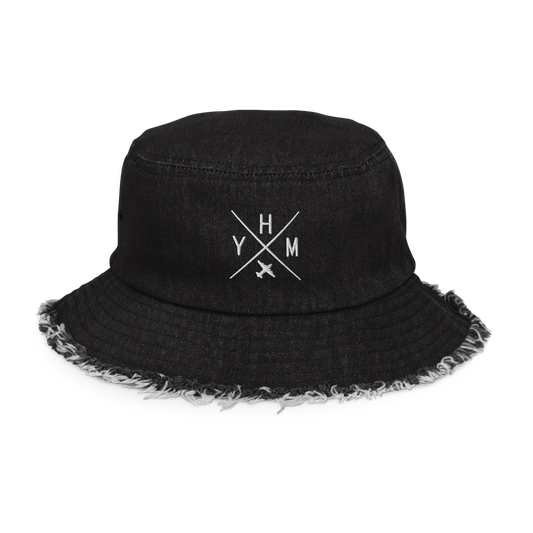 Crossed-X Distressed Denim Bucket Hat • White Embroidery