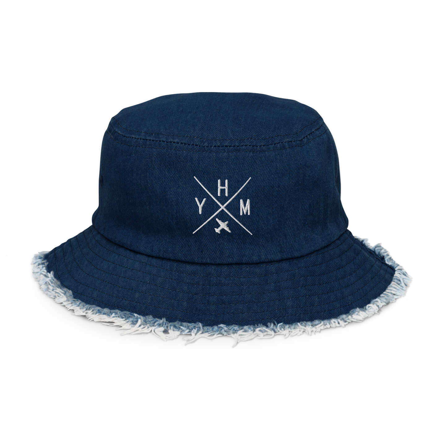 Crossed-X Distressed Denim Bucket Hat • White Embroidery