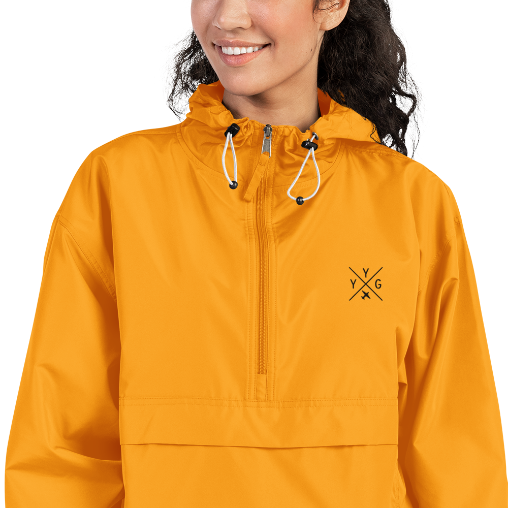 YHM Designs - YYG Charlottetown Champion Packable Jacket - Crossed-X Design with Airport Code and Vintage Propliner - Black Embroidery - Image 03