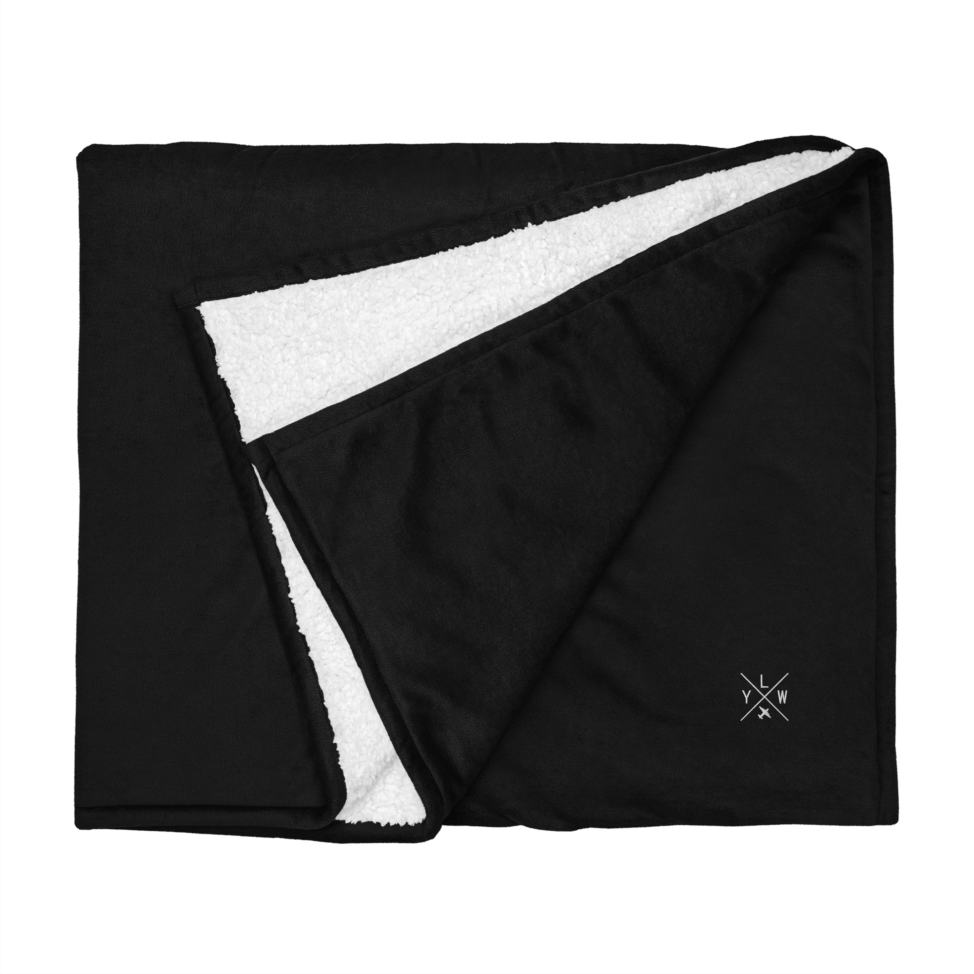 YHM Designs - YLW Kelowna Premium Sherpa Blanket - Crossed-X Design with Airport Code and Vintage Propliner - White Embroidery - Image 01