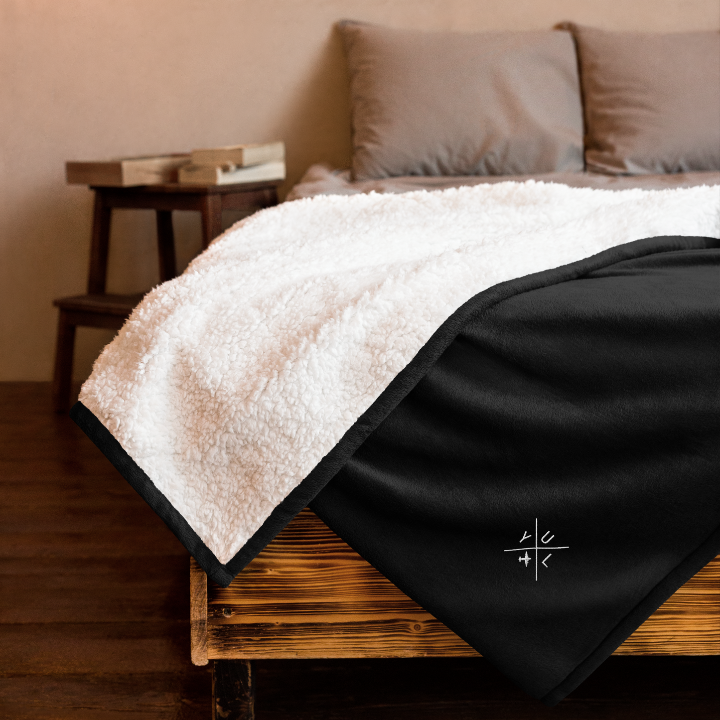YHM Designs - YUL Montreal Premium Sherpa Blanket - Crossed-X Design with Airport Code and Vintage Propliner - White Embroidery - Image 05