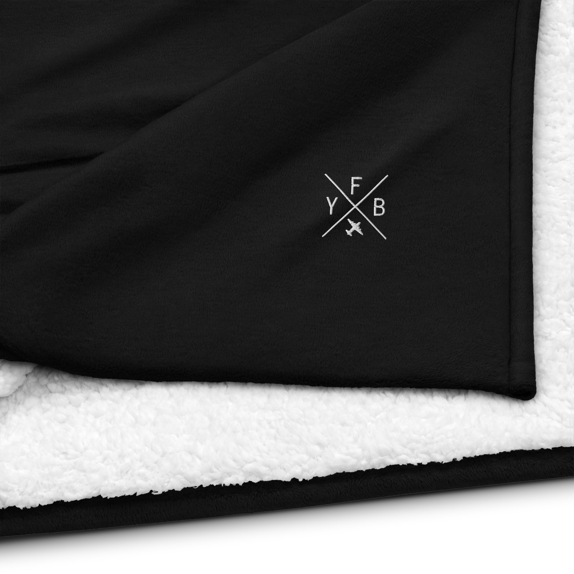 YHM Designs - YFB Iqaluit Premium Sherpa Blanket - Crossed-X Design with Airport Code and Vintage Propliner - White Embroidery - Image 03