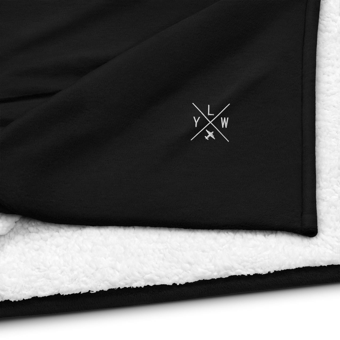 YHM Designs - YLW Kelowna Premium Sherpa Blanket - Crossed-X Design with Airport Code and Vintage Propliner - White Embroidery - Image 03