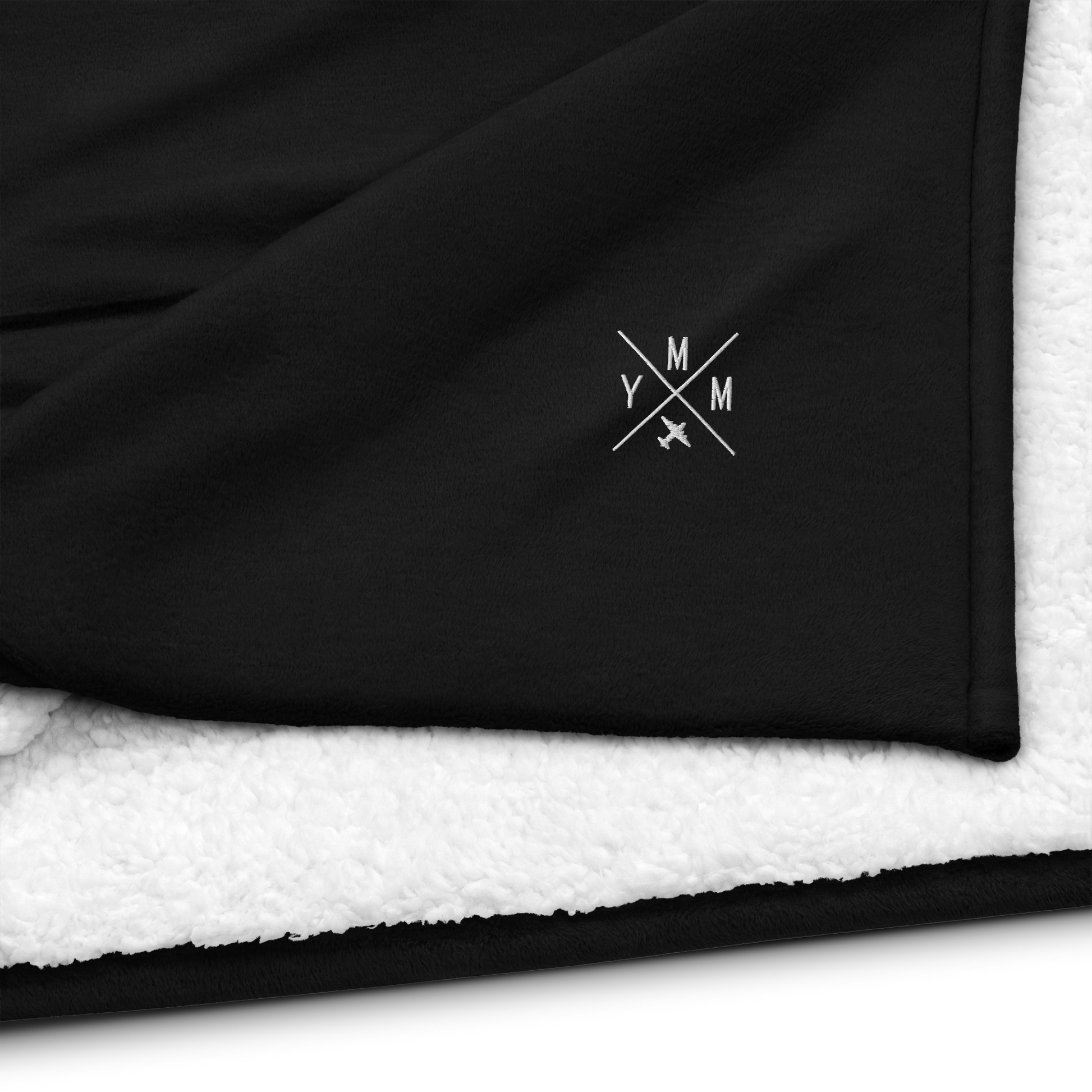 YHM Designs - YMM Fort McMurray Premium Sherpa Blanket - Crossed-X Design with Airport Code and Vintage Propliner - White Embroidery - Image 03