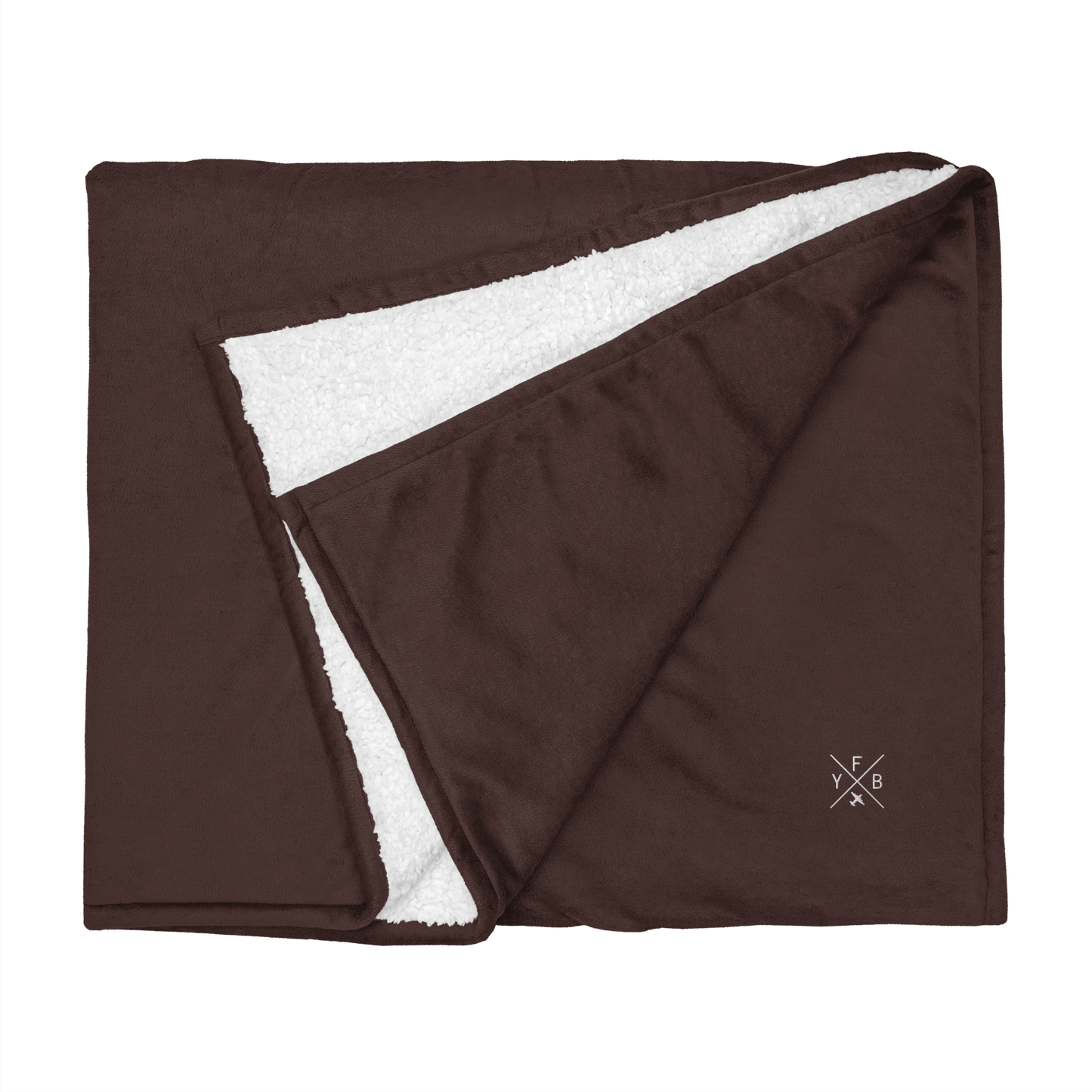 YHM Designs - YFB Iqaluit Premium Sherpa Blanket - Crossed-X Design with Airport Code and Vintage Propliner - White Embroidery - Image 08