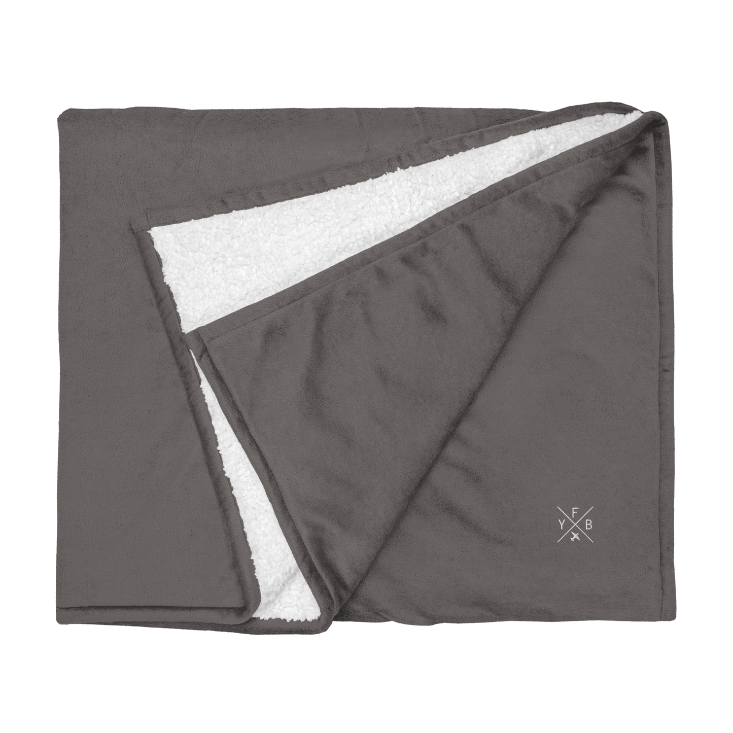 YHM Designs - YFB Iqaluit Premium Sherpa Blanket - Crossed-X Design with Airport Code and Vintage Propliner - White Embroidery - Image 10