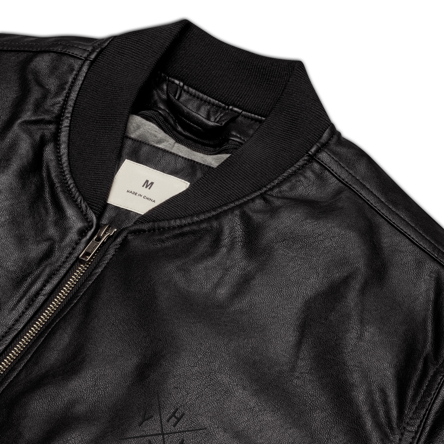 Crossed-X Faux Leather Bomber Jacket • Black Embroidery