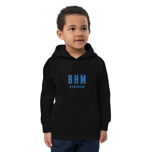 YHM Designs - BHM Birmingham Kid's Sustainable Eco Hoodie - Embroidered with City Name and Airport Code - French Navy Blue 01