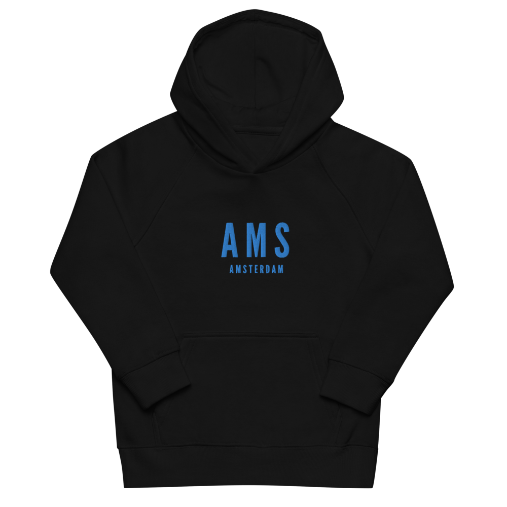 YHM Designs - AMS Amsterdam Kid's Sustainable Eco Hoodie - Embroidered with City Name and Airport Code - Image 02