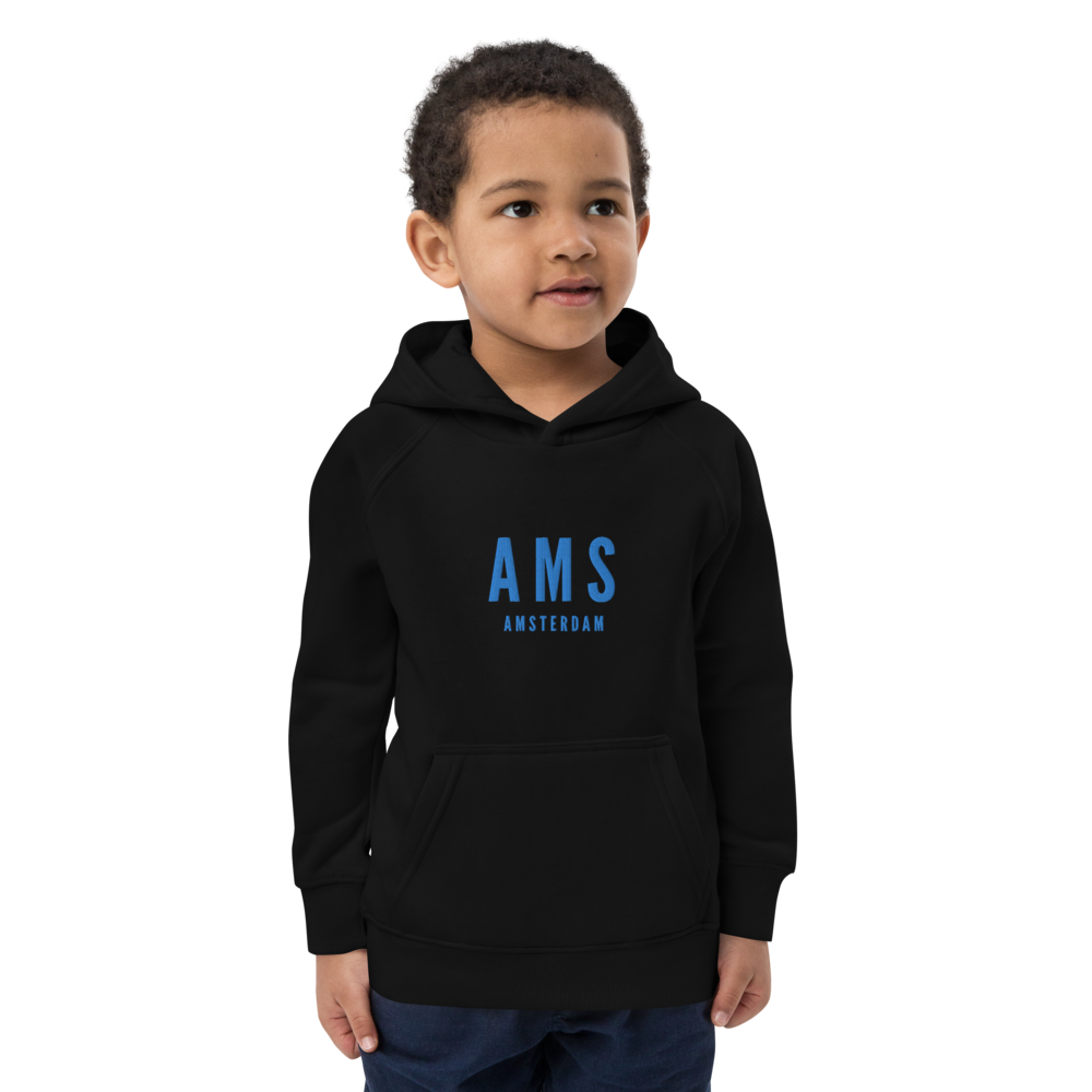 YHM Designs - AMS Amsterdam Kid's Sustainable Eco Hoodie - Embroidered with City Name and Airport Code - Image 05