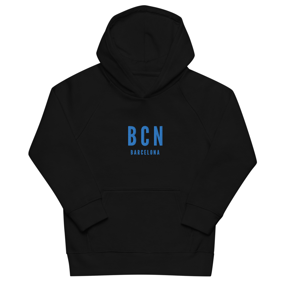 YHM Designs - BCN Barcelona Kid's Sustainable Eco Hoodie - Embroidered with City Name and Airport Code - Image 02