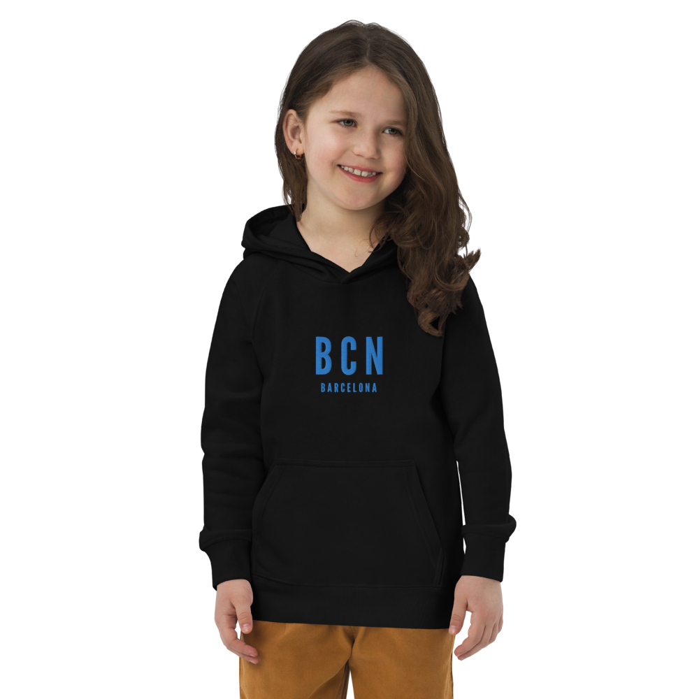 YHM Designs - BCN Barcelona Kid's Sustainable Eco Hoodie - Embroidered with City Name and Airport Code - Image 03