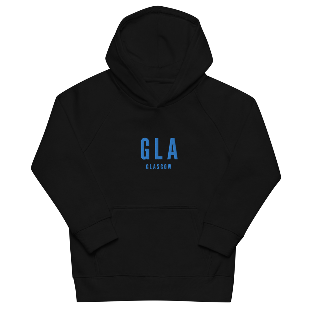 YHM Designs - GLA Glasgow Kid's Sustainable Eco Hoodie - Embroidered with City Name and Airport Code - Image 02