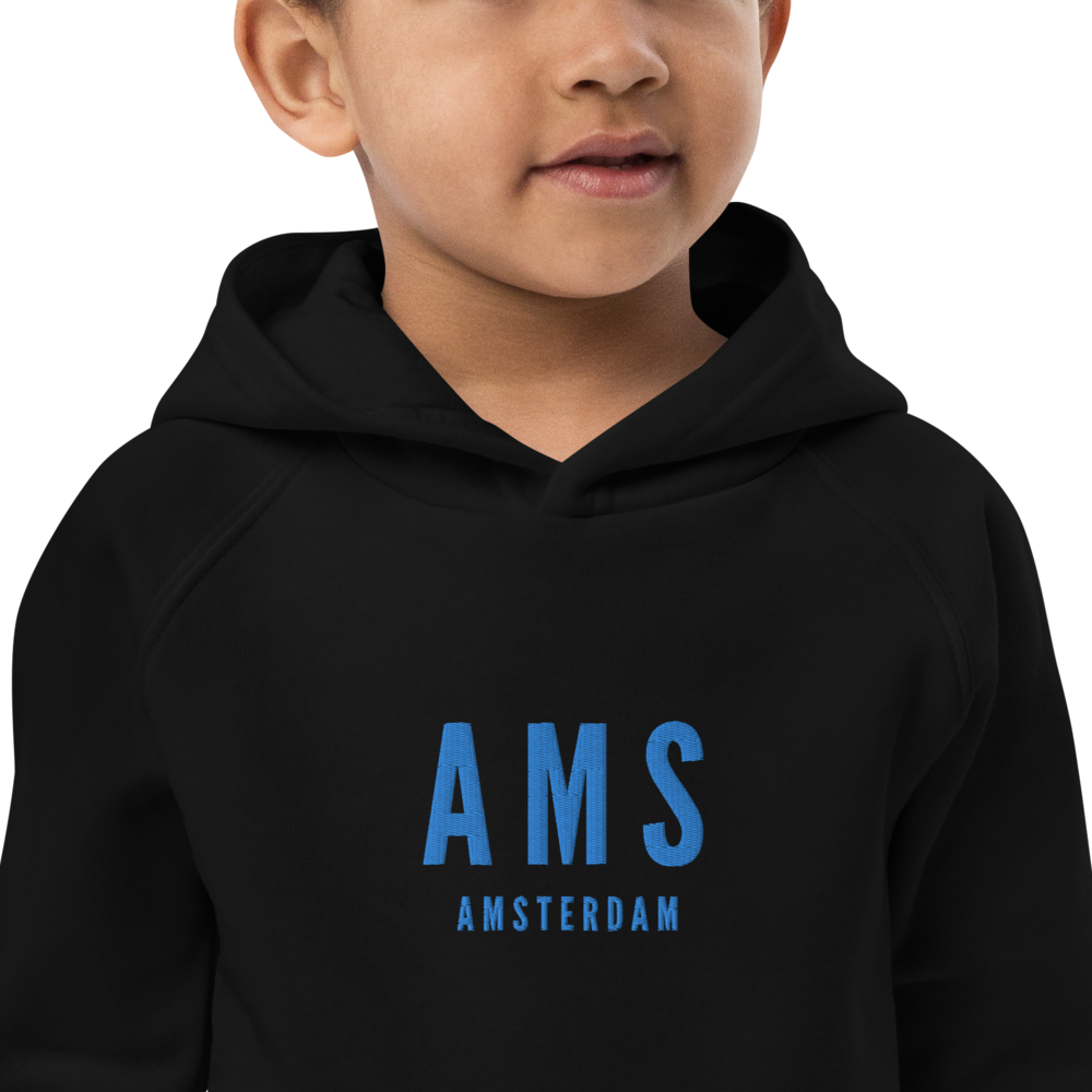 YHM Designs - AMS Amsterdam Kid's Sustainable Eco Hoodie - Embroidered with City Name and Airport Code - Image 04
