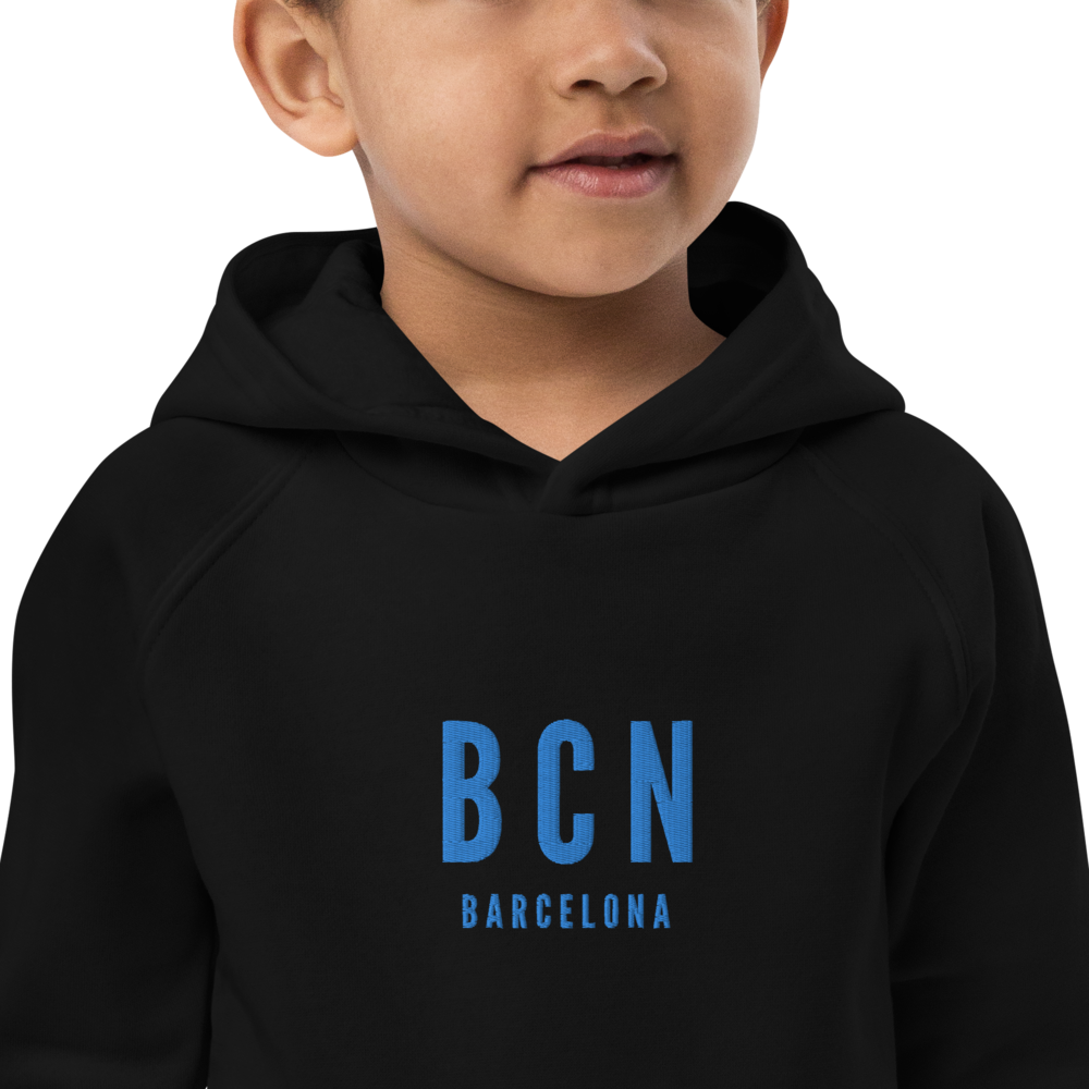 YHM Designs - BCN Barcelona Kid's Sustainable Eco Hoodie - Embroidered with City Name and Airport Code - Image 04