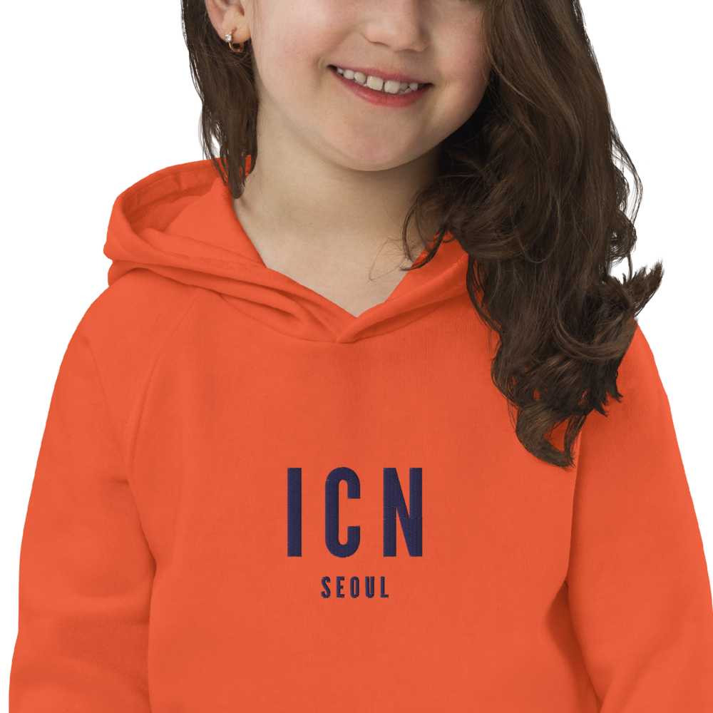 YHM Designs - ICN Seoul Kid's Sustainable Eco Hoodie - Embroidered with City Name and Airport Code - Image 05