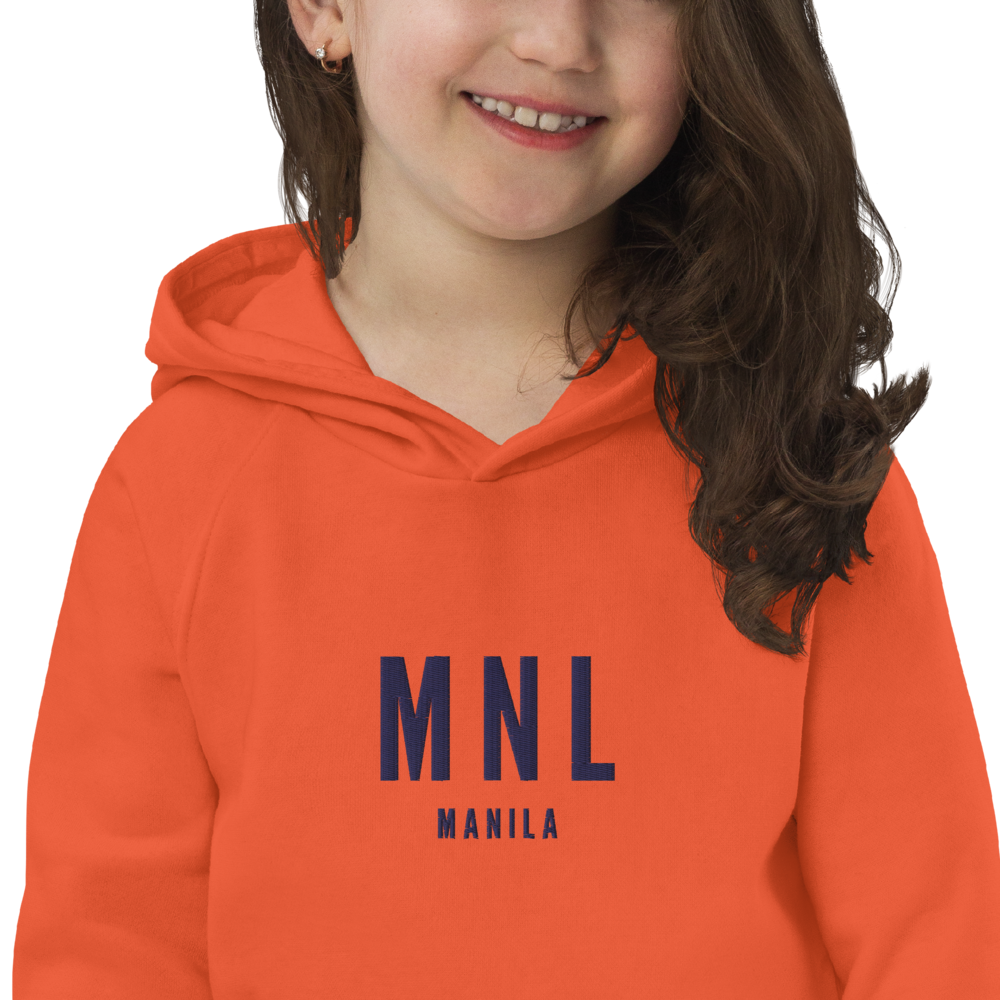YHM Designs - MNL Manila Kid's Sustainable Eco Hoodie - Embroidered with City Name and Airport Code - Image 05