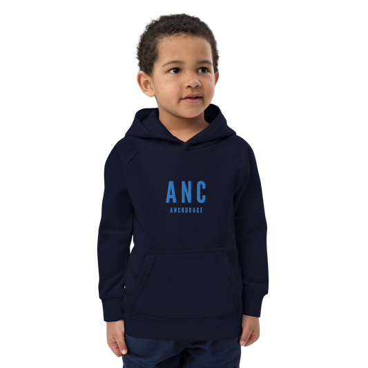YHM Designs - ANC Anchorage Kid's Sustainable Eco Hoodie - Embroidered with City Name and Airport Code - French Navy Blue 01