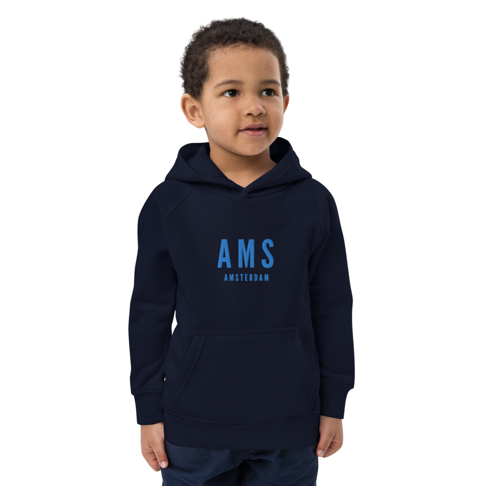 YHM Designs - AMS Amsterdam Kid's Sustainable Eco Hoodie - Embroidered with City Name and Airport Code - Image 01