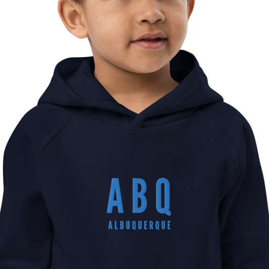 YHM Designs - ABQ Albuquerque Kid's Sustainable Eco Hoodie - Embroidered with City Name and Airport Code - French Navy Blue 02
