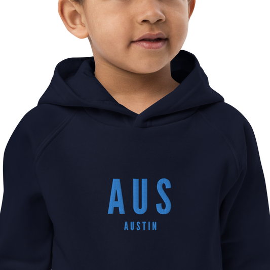 YHM Designs - AUS Austin Kid's Sustainable Eco Hoodie - Embroidered with City Name and Airport Code - French Navy Blue 02