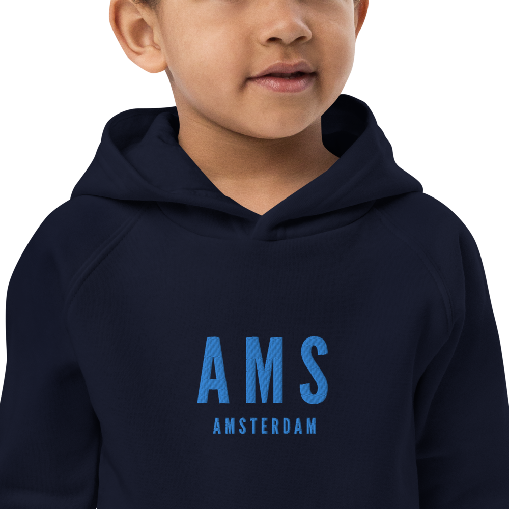 YHM Designs - AMS Amsterdam Kid's Sustainable Eco Hoodie - Embroidered with City Name and Airport Code - Image 06