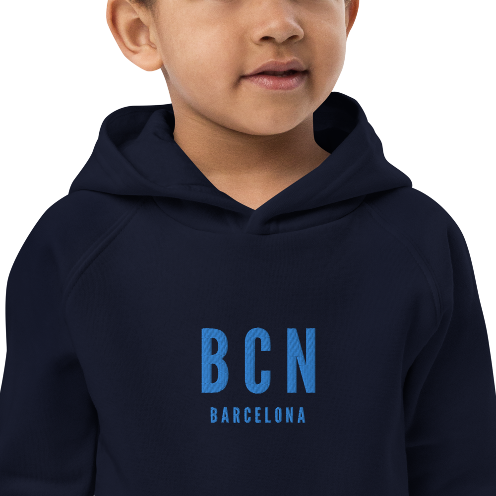 YHM Designs - BCN Barcelona Kid's Sustainable Eco Hoodie - Embroidered with City Name and Airport Code - Image 06
