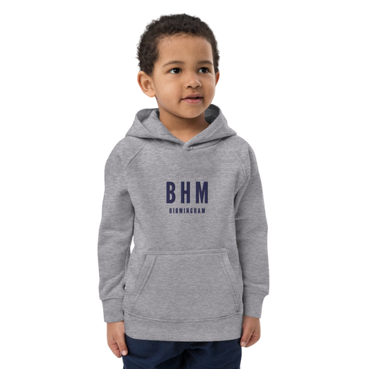 YHM Designs - BHM Birmingham Kid's Sustainable Eco Hoodie - Embroidered with City Name and Airport Code - Grey Melange 02