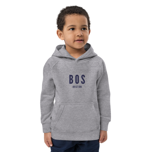 YHM Designs - BOS Boston Kid's Sustainable Eco Hoodie - Embroidered with City Name and Airport Code - Grey Melange 02