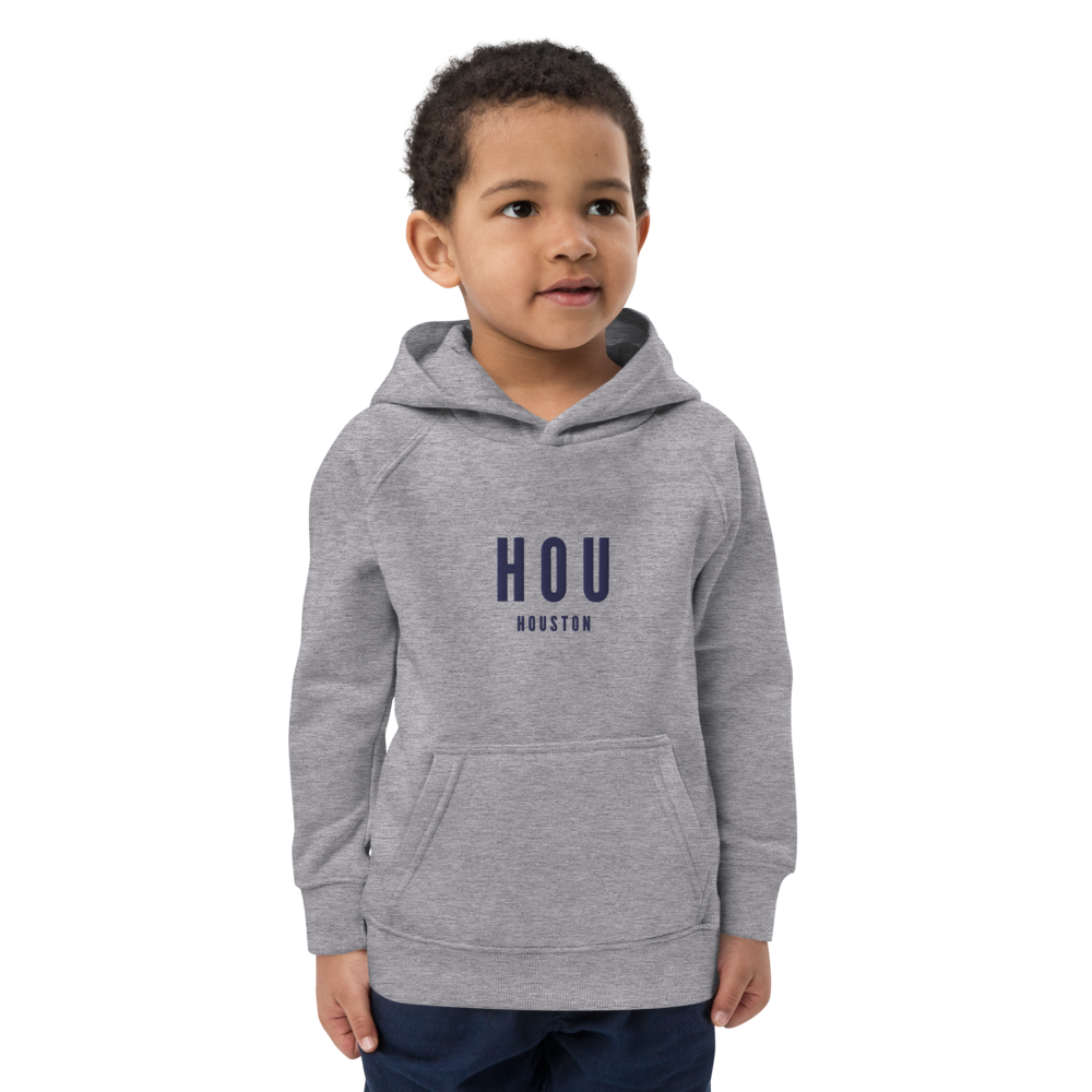 YHM Designs - HOU Houston Kid's Sustainable Eco Hoodie - Embroidered with City Name and Airport Code - Grey Melange 02