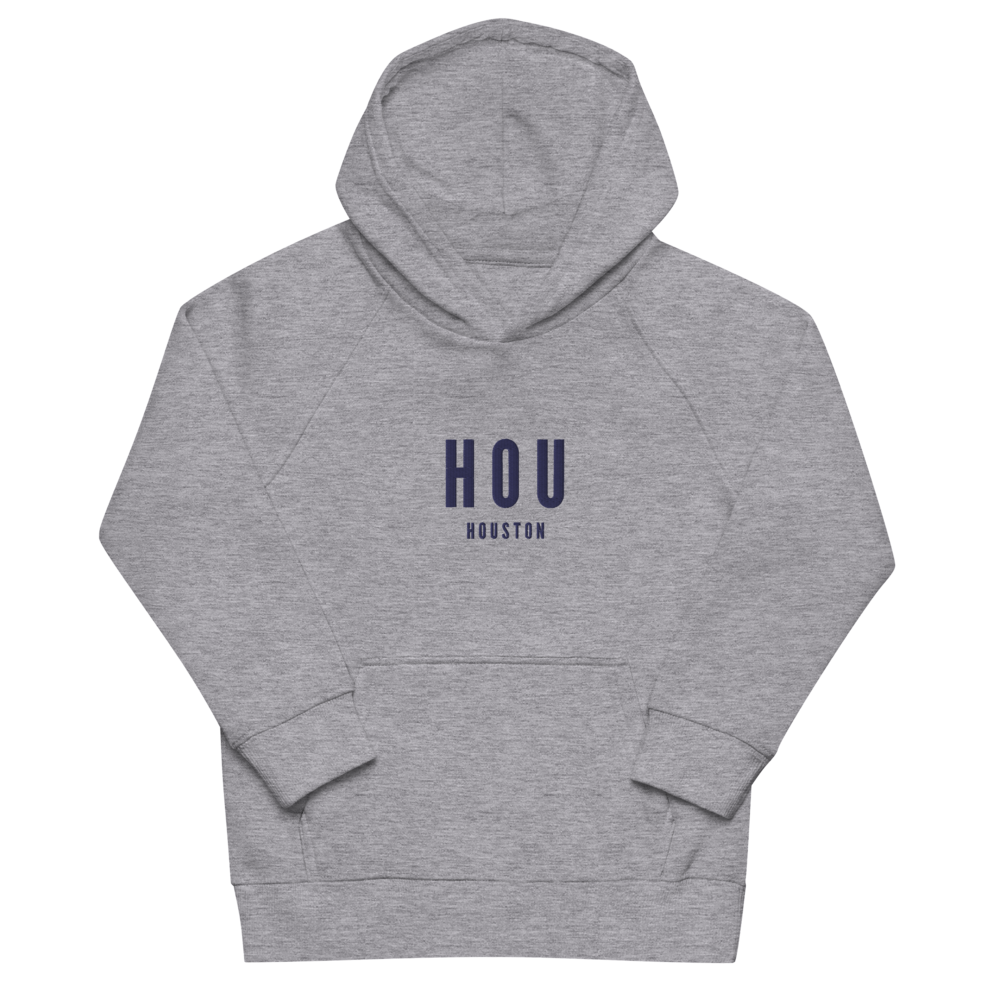 YHM Designs - HOU Houston Kid's Sustainable Eco Hoodie - Embroidered with City Name and Airport Code - Grey Melange 03