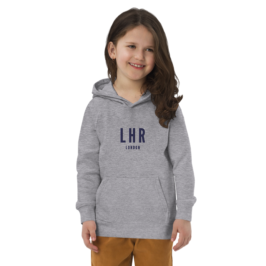 YHM Designs - LHR London Kid's Sustainable Eco Hoodie - Embroidered with City Name and Airport Code - Image 01