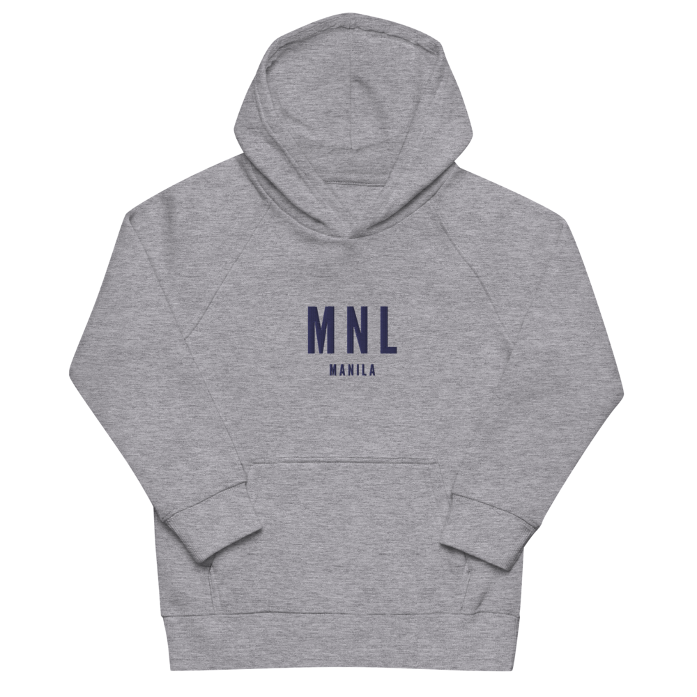 YHM Designs - MNL Manila Kid's Sustainable Eco Hoodie - Embroidered with City Name and Airport Code - Image 03