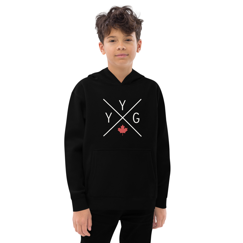 YHM Designs - YYG Charlottetown Airport Code Kid's Fleece Hoodie - Crossed-X Design with Red Canadian Maple Leaf - Image 05