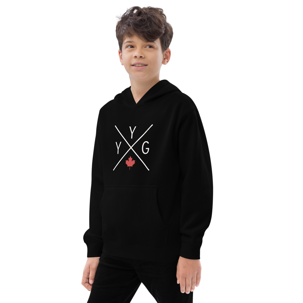 YHM Designs - YYG Charlottetown Airport Code Kid's Fleece Hoodie - Crossed-X Design with Red Canadian Maple Leaf - Image 07